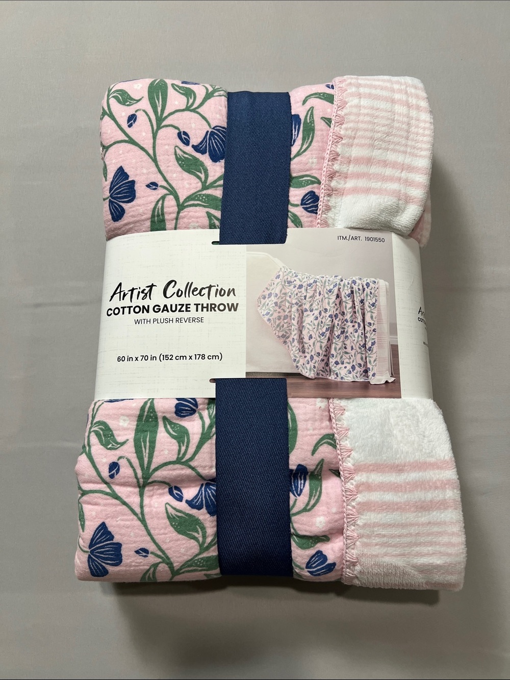 Pink Floral Cotton Gauze Throw with Plush Reverse